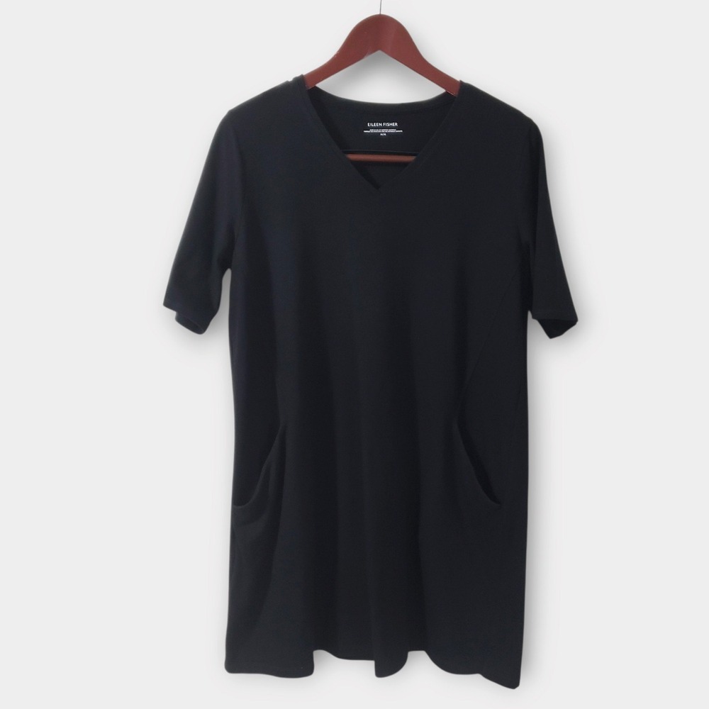 Eileen Fisher Jersey Pocket Short Sleeve Mini Dress Black Medium V-Neck Stretch